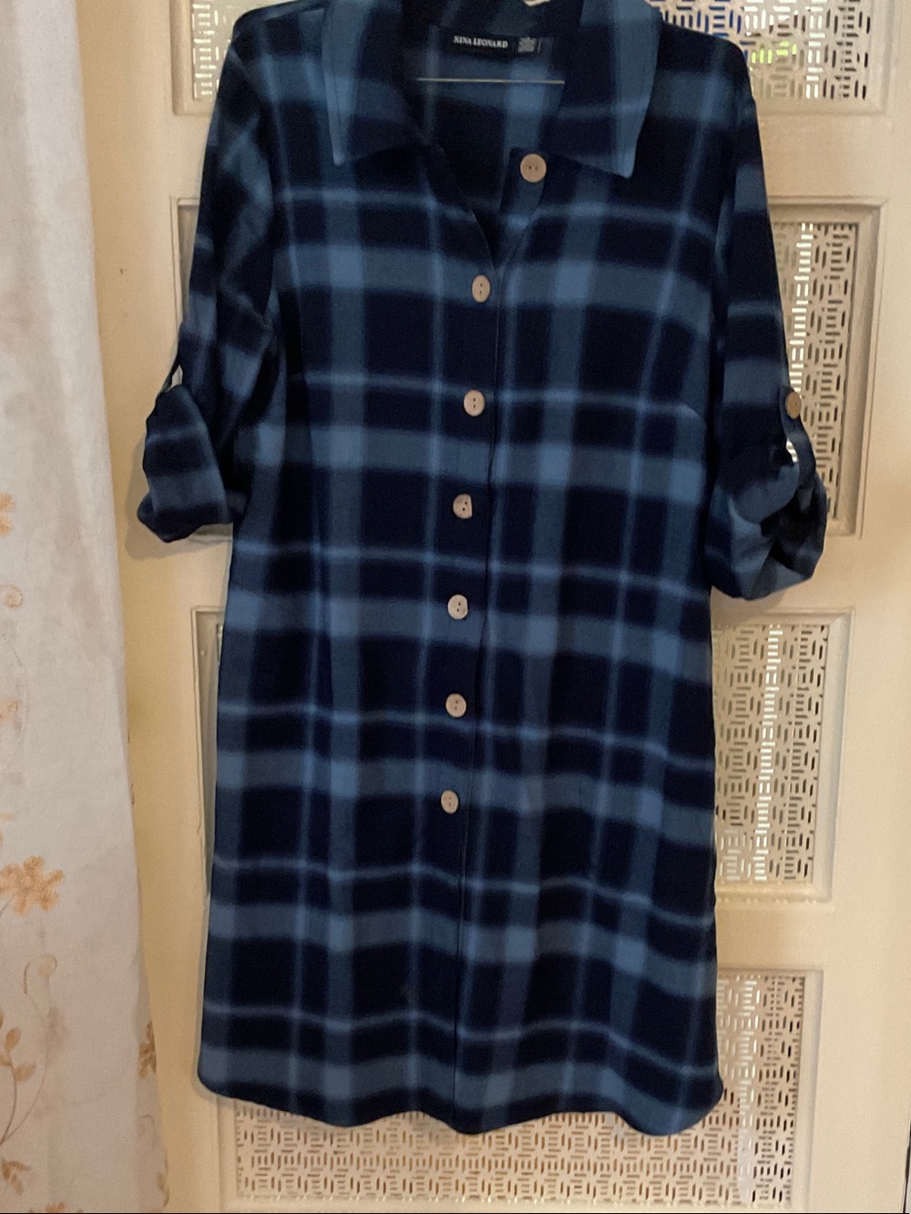 Nina Leonard Navy and Light Blue Plaid Shirt Dress